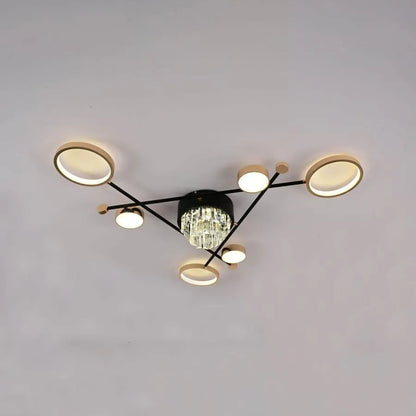 Lustra LED cu telecomanda si cristal MISEL 138W, 7 Elemente, lumina Rece/Calda/Neutra, Dimabila, Negru Auriu