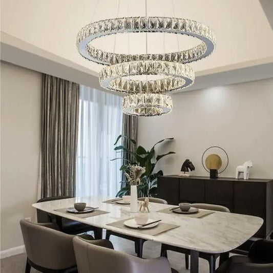 Lustra LED suspendata cu telecomanda si cristal TEATRU 36W, 3 Cercuri, lumina Rece/Calda/Neutra, Dimabila, Crom Lucios, Inaltime Reglabila