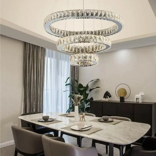 Lustra LED suspendata cu telecomanda si cristal TEATRU 36W, 3 Cercuri, lumina Rece/Calda/Neutra, Dimabila, Crom Lucios, Inaltime Reglabila Lustre LED Cristal Default Title Alessandro Design