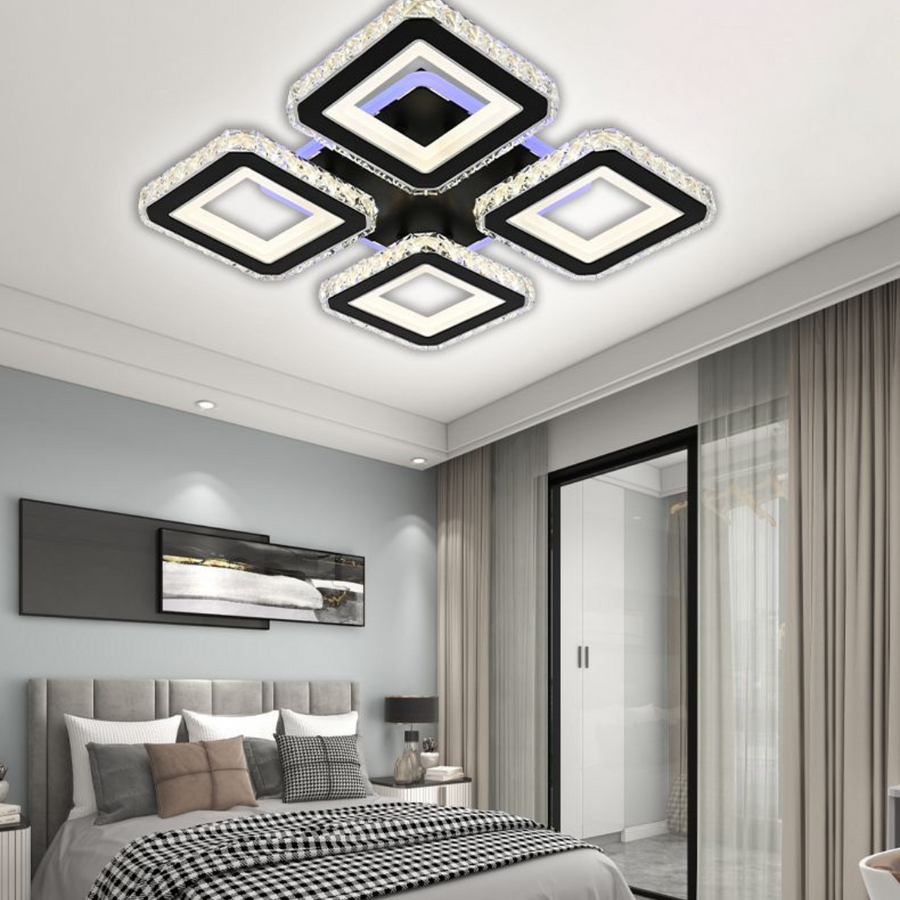 Lustra LED cu telecomanda si cristal LEILA RGB 69W, 4 Patrate, lumina Rece/Calda/Neutra, Dimabila, Negru