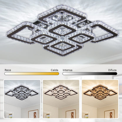 Lustra LED cu telecomanda si cristal QUADRIA SUPREMO RGB 198W, 8 Patrate, lumina Rece/Calda/Neutra, Dimabila, Crom Lucios