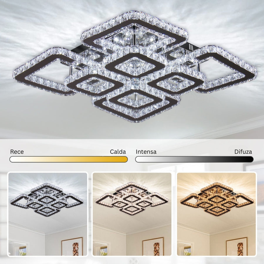 Lustra LED cu telecomanda si cristal QUADRIA SUPREMO RGB 198W, 8 Patrate, lumina Rece/Calda/Neutra, Dimabila, Crom Lucios