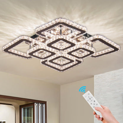 Lustra LED cu telecomanda si cristal QUADRIA SUPREMO RGB 198W, 8 Patrate, lumina Rece/Calda/Neutra, Dimabila, Crom Lucios