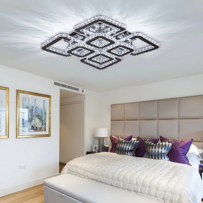 Lustra LED cu telecomanda si cristal QUADRIA SUPREMO RGB 198W, 8 Patrate, lumina Rece/Calda/Neutra, Dimabila, Crom Lucios