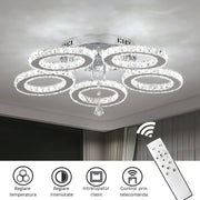 Lustra LED cu telecomanda si cristal ALANUBIS 61W, 5 Cercuri, lumina Rece/Calda/Neutra, Dimabila, Crom Lucios