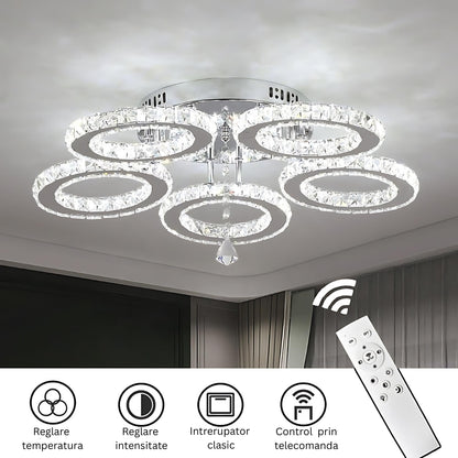 Lustra LED cu telecomanda si cristal ALANUBIS 61W, 5 Cercuri, lumina Rece/Calda/Neutra, Dimabila, Crom Lucios