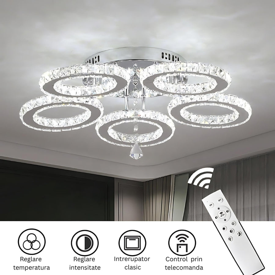 Lustra LED cu telecomanda si cristal ALANUBIS 61W, 5 Cercuri, lumina Rece/Calda/Neutra, Dimabila, Crom Lucios