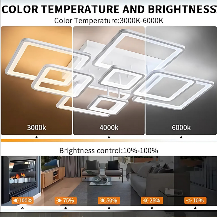 Lustra LED cu telecomanda ELLA 203W, 8 Patrate, lumina Rece/Calda/Neutra, Dimabila, Alb