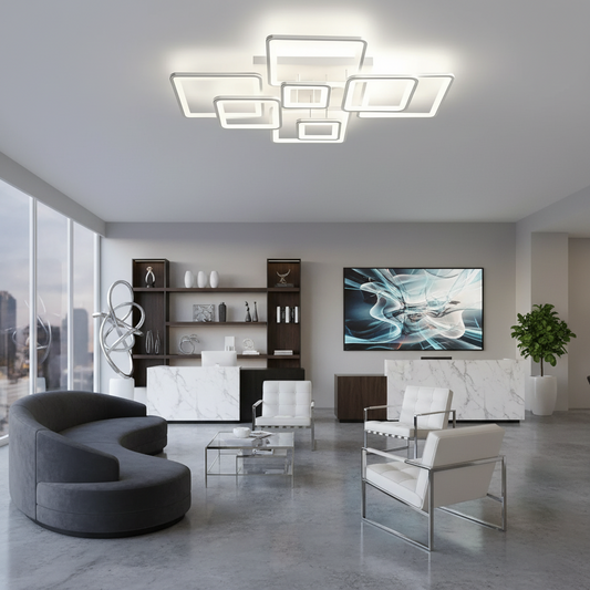 Lustra LED cu telecomanda ELLA 187W, 8 Patrate, lumina Rece/Calda/Neutra, Dimabila, Alb