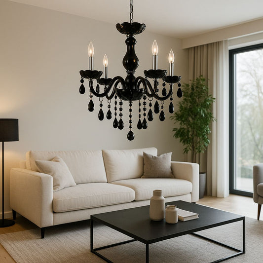 Candelabru Cristal ALNWICK Eleganza, 5xE14, Diametru 48cm, Negru, Inaltime Reglabila