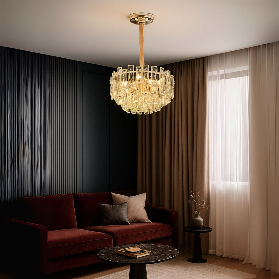 Candelabru Cristal FONTAINEBLEAU Eleganza, 9x E14, Diametru 45cm, Auriu, Inaltime Reglabila