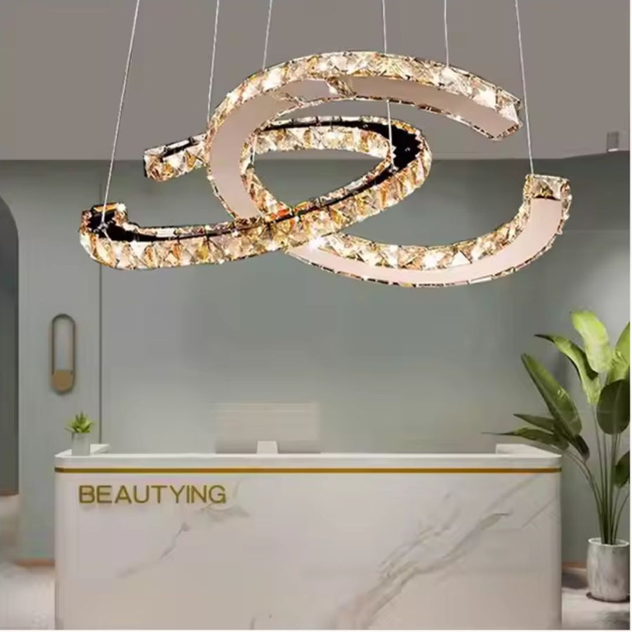 Lustra LED suspendata cu telecomanda si cristal PRISM ANTEA 40W, 2 Cercuri, lumina Rece/Calda/Neutra, Dimabila, Crom Lucios, Inaltime Reglabila