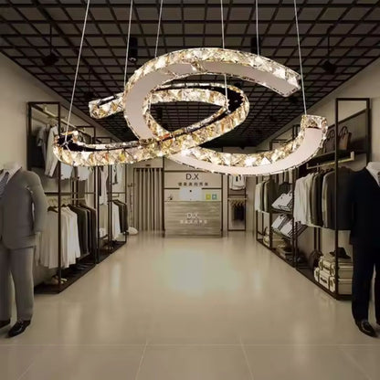 Lustra LED suspendata cu telecomanda si cristal PRISM ANTEA 40W, 2 Cercuri, lumina Rece/Calda/Neutra, Dimabila, Crom Lucios, Inaltime Reglabila