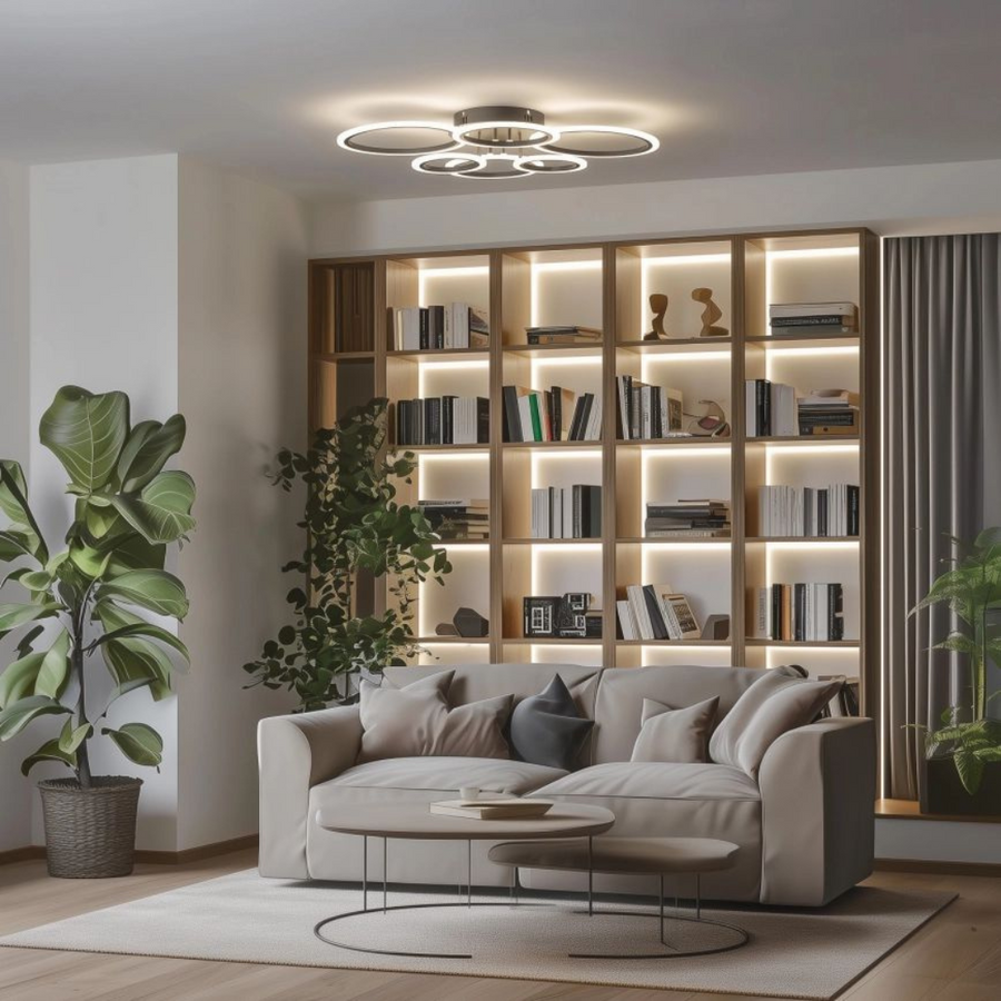 Lustra LED cu telecomanda BETTY 82W, 6 Cercuri, lumina Rece/Calda/Neutra, Dimabila, Negru