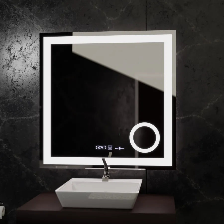Oglinda LED Rectangulara, 80x80cm, Souverain MotionGlow Marcello, Sistem Dezaburire, Ceas & Termometru, Lupa Cosmetica, Dimabila