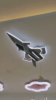 Lustra LED pentru copii FIGHTER, Tip avion, 101W, Lumina Rece/Calda/Neutra, Aripi mobile, Gri Aeronautic