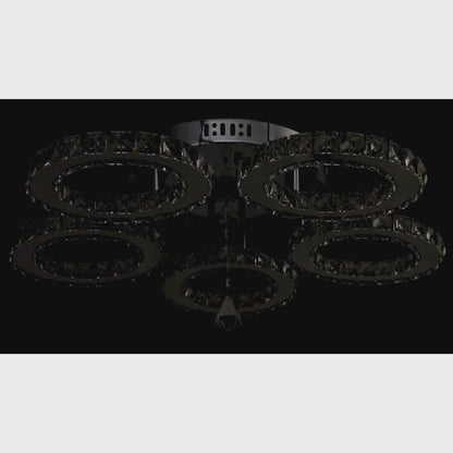 Lustra LED cu telecomanda si cristal ALANUBIS 61W, 5 Cercuri, lumina Rece/Calda/Neutra, Dimabila, Crom Lucios