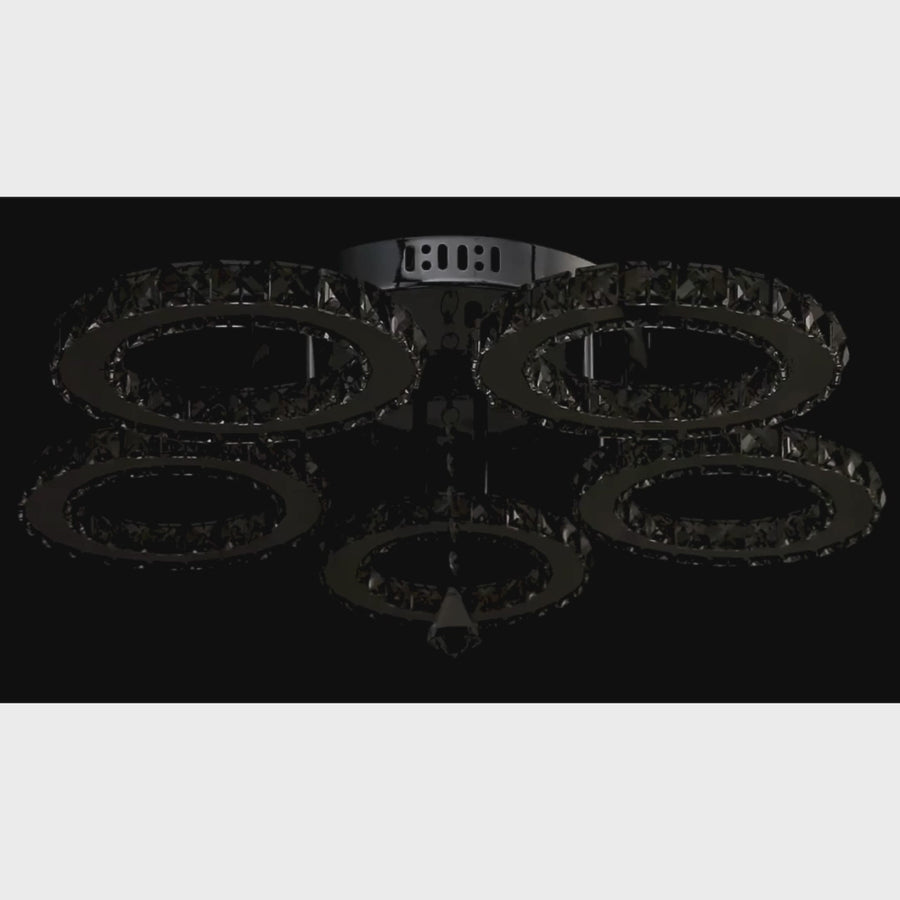 Lustra LED cu telecomanda si cristal ALANUBIS 61W, 5 Cercuri, lumina Rece/Calda/Neutra, Dimabila, Crom Lucios