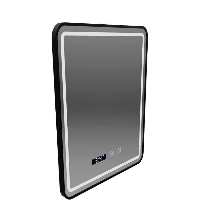 Oglinda LED Touch LUCIDA Sistem Dezaburire, Ceas si Temperatura 50x70 cm Rama Negru Brushed