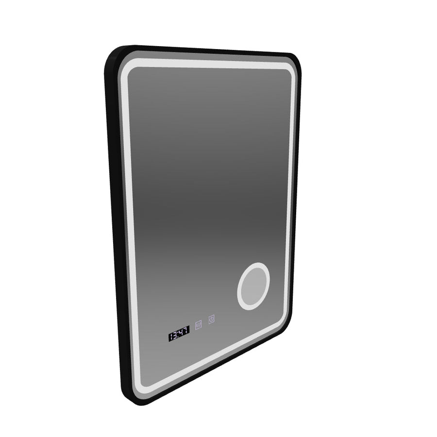 Oglinda LED Touch Ulrich Sistem Dezaburire, Ceas si Temperatura 60x80 cm Rama Negru Brushed Lupa Cosmetica