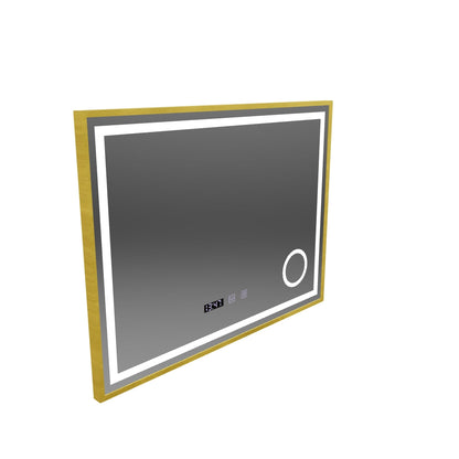 Oglinda LED Touch CLARUS Sistem Dezaburire, Ceas si Temperatura 80x60 cm Rama Auriu Brushed Lupa Cosmetica