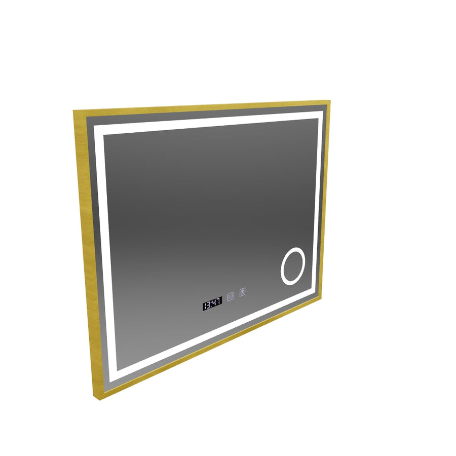Oglinda LED Touch CLARUS Sistem Dezaburire, Ceas si Temperatura 80x60 cm Rama Auriu Brushed Lupa Cosmetica