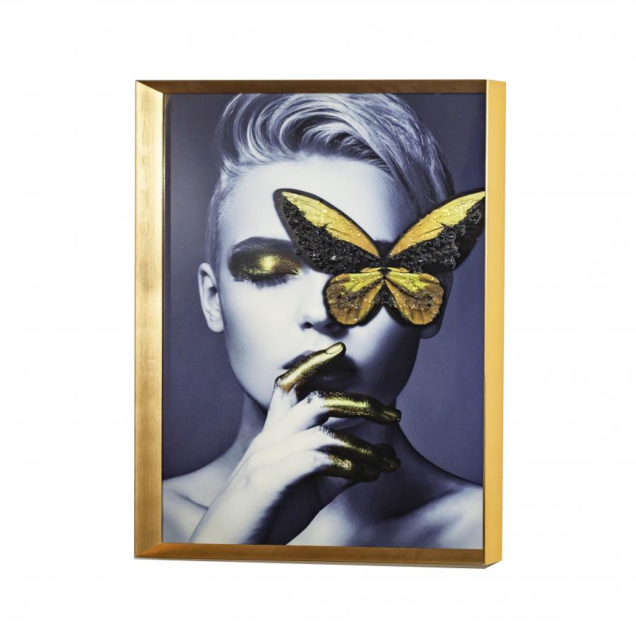 Tablou Femeie cu Fluture Auriu, 82x62cm, Ramă Bronz/Ramă Aurie - Bronz