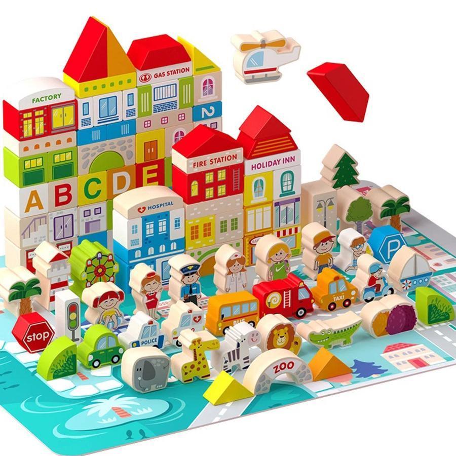 Joc tip Puzzle de Construit Orașul Urbanistic, Multicolor, Lemn și Carton