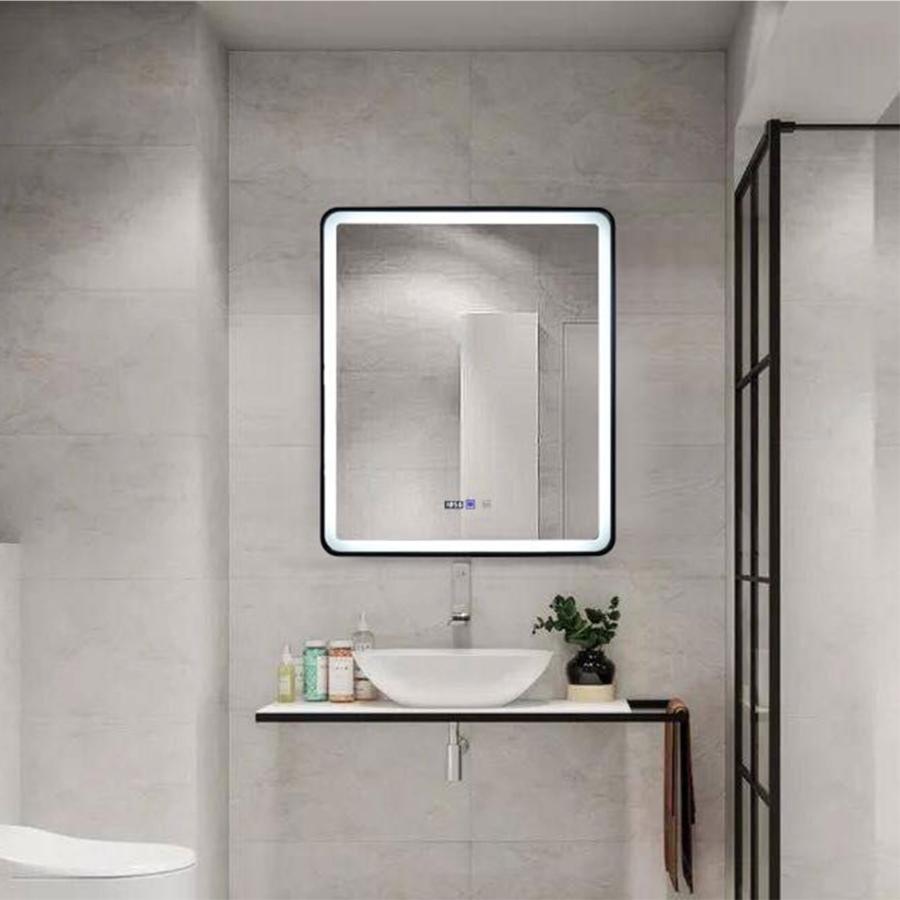 Oglindă LED Touch cu Funcție Dezaburire și Ceas, Ramă Neagră, Smack, 70x90cm