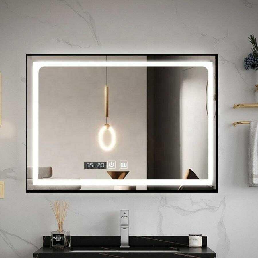 Oglindă LED Touch cu Funcție Dezaburire și Ceas, Ramă Negru Mat, Smack, 100x65cm