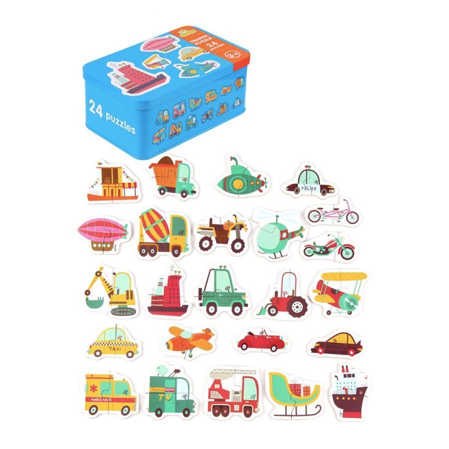 Set Puzzle cu 24 de Vehicule, 50 Piese, Multicolor, Carton