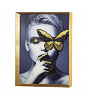 Tablou Femeie cu Fluture Auriu, 82x62cm, Ramă Bronz/Ramă Aurie - Auriu
