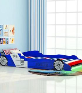 Pat copii mașină de curse, cu LED, 90 x 200 cm, albastru
