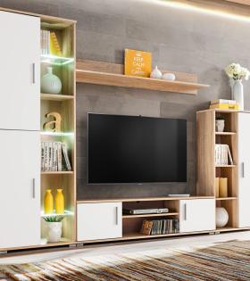 Mobilier sufragerie spațiu TV, lumini LED, Stejar Sonoma și Alb