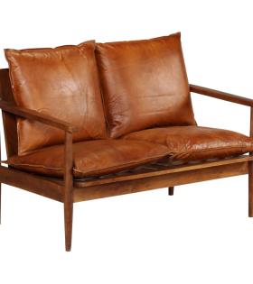 Canapea cu 2 locuri, piele naturală cu lemn de acacia, maro