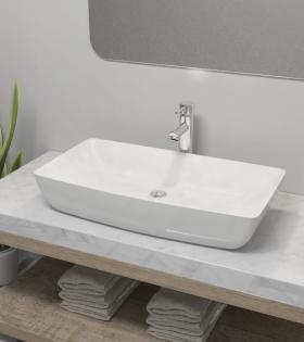 Chiuvetă de baie cu robinet mixer, ceramică, dreptunghiular alb