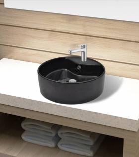 Bazin chiuvetă ceramică baie cu gaură robinet/preaplin, rotund, negru