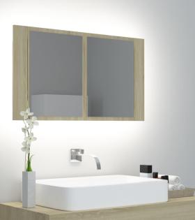 Dulap de baie cu oglindă și LED, stejar Sonoma, 80x12x45 cm