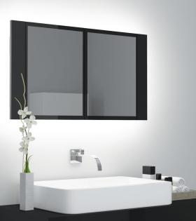 Dulap baie cu oglindă & LED negru extralucios 80x12x45 cm acril