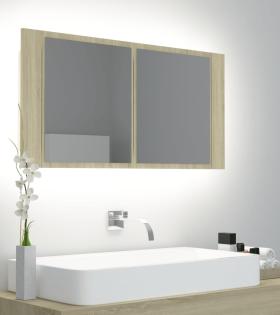 Dulap de baie cu oglindă și LED, stejar Sonoma, 90x12x45 cm