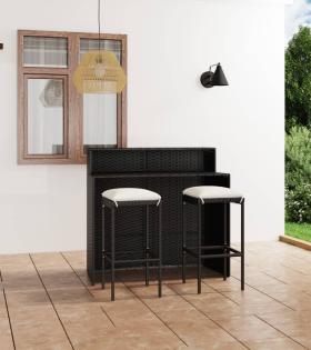 Set mobilier bar de grădină cu perne, 3 piese, negru