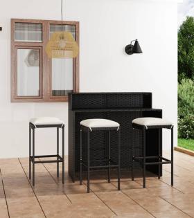 Set mobilier bar de grădină cu perne, 4 piese, negru