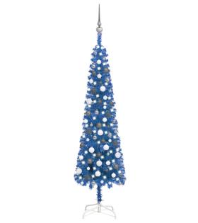 Brad Crăciun artificial subțire LED-uri/globuri albastru 180 cm