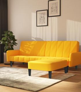 Canapea extensibilă 2 locuri, cu taburet, galben, catifea