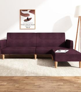 Canapea pat cu 2 locuri, cu taburet, violet, textil
