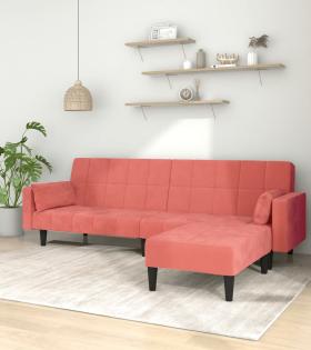 Canapea extensibilă cu 2 locuri, 2 perne/taburet, roz, catifea