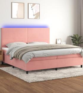 Pat continental cu saltea & LED, roz, 200x200 cm, catifea