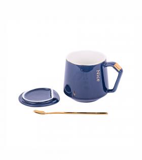 Set Ceașcă de Cafea cu Capac și Linguriță, Albastru, 300 ml