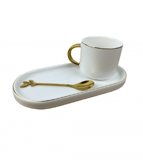 Set Ceașcă Cafea, Ceai cu Farfurie și Lingurită din Ceramică, Alb, 200ml