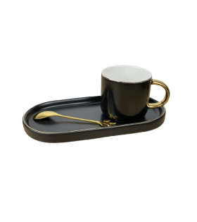 Set Ceașcă Cafea, Ceai cu Farfurie și Lingurită din Ceramică, Negru, 200ml